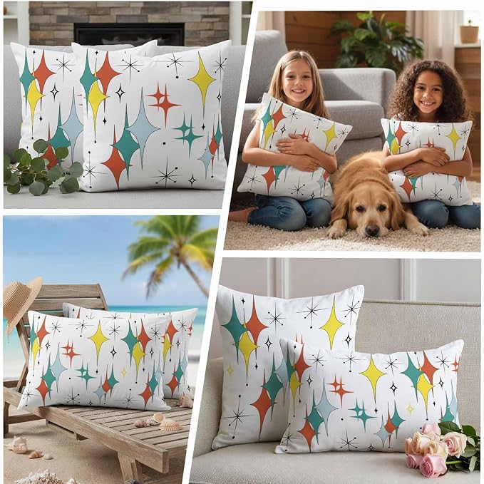 Middle Century Waterproof Outdoor Pillow Covers Set of 2 Home Decor, Boho Abstract Art Teal Orange Rhomboid Pillowcase Patio Pillow Covers for Couch Bench Furniture Garden 20x12in