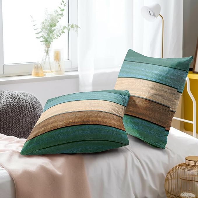 Teal Brown Wood Pillow Cover 20x20, Vintage Old Blue Board Grunge Panel Natural Lumber Plank Throw Pillowcases 2Pcs Decorative Cushion Cover for Home Couch Bed
