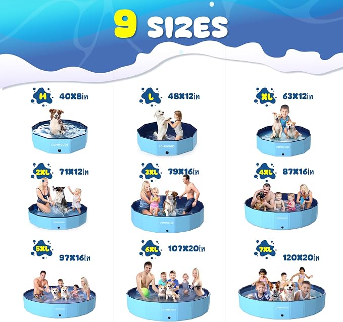 COMMOUDS 120 Inch Extra Large Foldable Dog Pool, Collapsible Hard Plastic Dog Kiddie Family Swimming Pool, Portable Pet Bath Tub Wading Pools for Kids and Puppy Small Medium Large Dogs