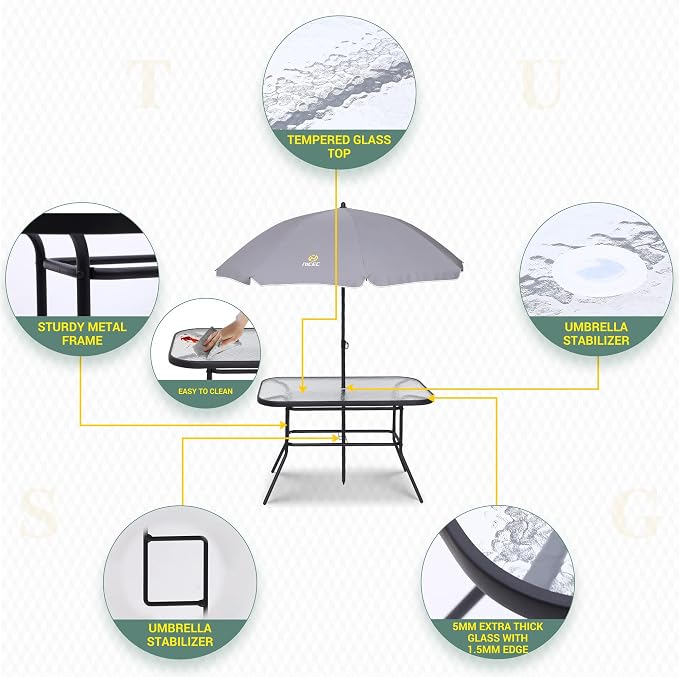 Nice C Outdoor Dining Sets, Patio Furniture Set, 8 Piece Set with Umbrella, Garden Outdoor Furniture Table Set with Removable Umbrella, Glass Table, and 6 Folding Chairs (Grey)
