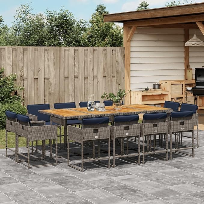 13 Piece Garden Dining Set with Cushions Grey Poly Rattan Outdoor Patio Table and 12 Folding Chairs UV Resistant Space Saving Acacia Wood Top for Backyard Relaxation Entertainment