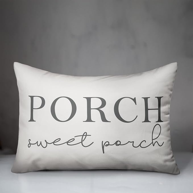 Porch Sweet Porch White and Grey Indoor/Outdoor Pillow | Decorative Pillows for Living Room Couch Bed Sofa Patio, Fluffy Soft Cushion | Water Resistant Gray, 14x20