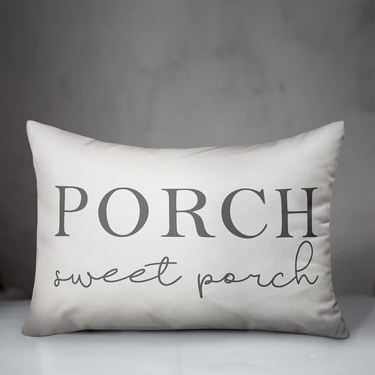 Porch Sweet Porch White and Grey Indoor/Outdoor Pillow | Decorative Pillows for Living Room Couch Bed Sofa Patio, Fluffy Soft Cushion | Water Resistant Gray, 14x20