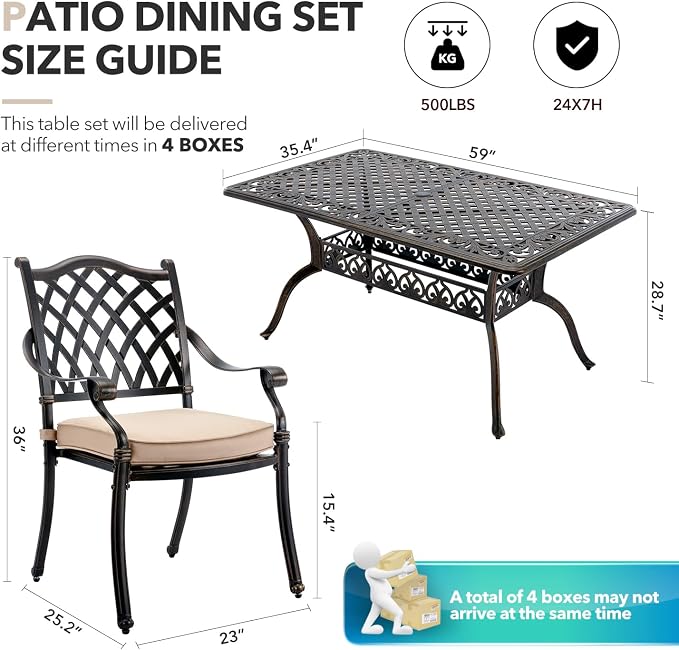 𝗔𝗶𝗹𝗶𝘀𝗺𝗮𝗶𝗹 7 Piece Outdoor Dining Set Cast Aluminum Retro Patio Dining Set for 6 includes 59” Rectangular Table and 6 Chairs with Thicker Cushions and Umbrella Hole for Patio Deck Garden