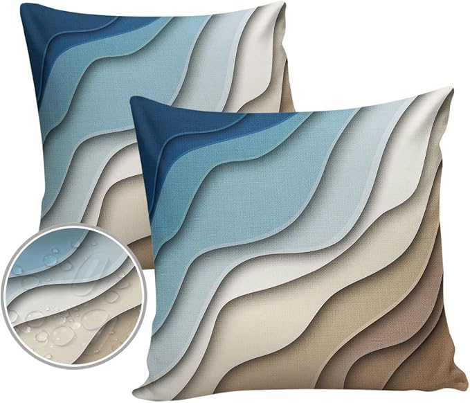 Funy Decor Waterproof Outdoor Throw Pillow Cover Blue Modern Geometric Lumbar Pillowcases Set of 2 Brown Abstract Decorative Patio Furniture Pillows for Couch Garden 16 x 16 Inches