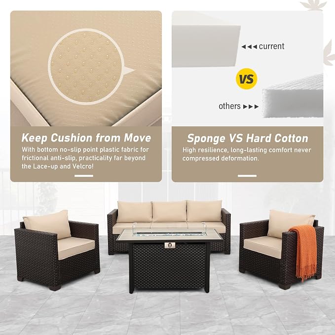 Rattan Star Outdoor Furniture Sets Patio Couch Outdoor Chairs 50000 BTU Propane Fire Pit 4 Pcs Patio Furniture Set 45In Fire Pit Table with No-Slip Cushions and Waterproof Covers, Khaki
