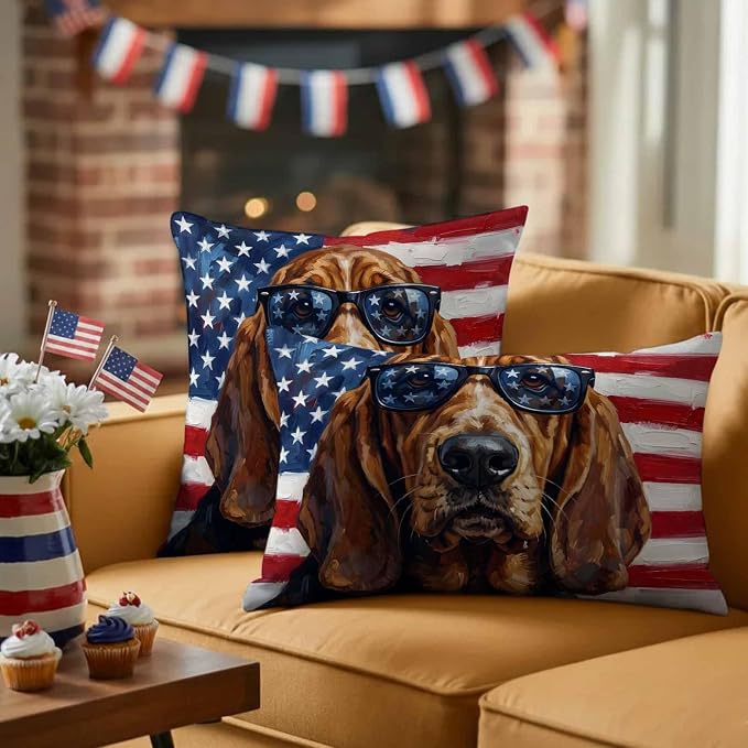 Outdoor Pillow Covers Waterproof Pillow Cases Protector Independence Day USA Flag Pillowcase Pack of 2 Basset Hound Patriotic Sunglasses Throw Cushion Case for Pation Furniture,Couch,Sofa,16X16IN