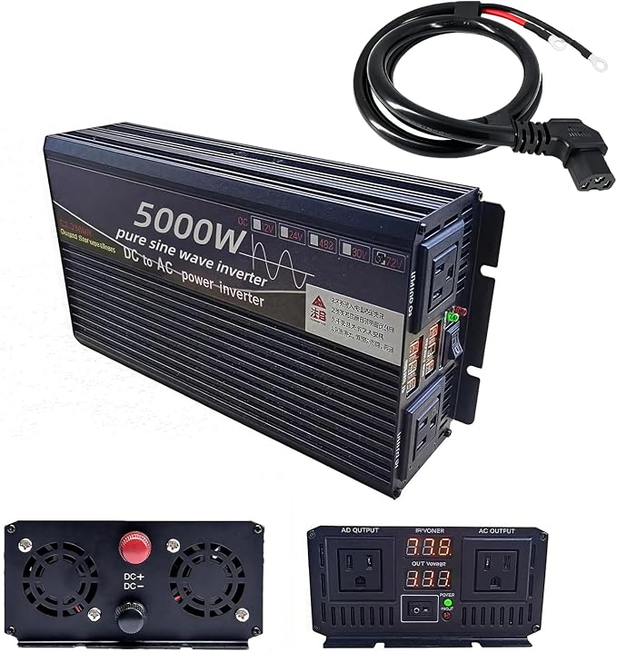 5000W Power Inverter 72V DC to 110V AC Converter with LED Display Dual AC Outlets Dual Fans Radiating for RV, Camp, Boat and Home Emergency Portable Pure Sine Wave Inverter (LED Screen, 5000W 72V)
