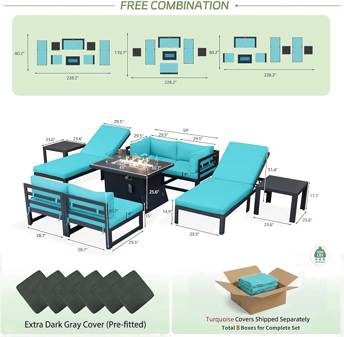 RADIATA Oversized Modern Aluminum Patio Furniture Set with Lounge Chair & Fire Pit Table, 29" Wide Deep Seated, Comfy Outdoor Sectional Sofa Set of 9, 500 lbs Heavy Duty Conversation Set, Turquoise
