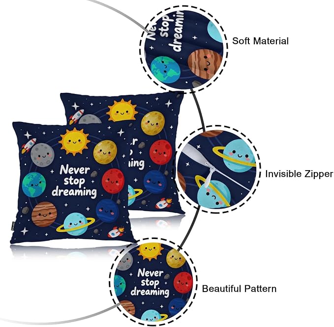 Swono Solar System Set of 2 Throw Pillow Covers Never Stop Dreaming 18x18 Inch Pillow Cases Cute Galaxy Space Planets Stars Square Pillowcases Cushion Cover for Men Women Decorative Home Bed Sofa