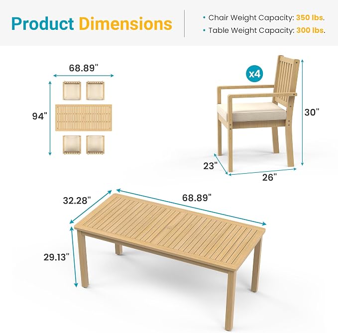 FansaFurn 5 Pieces Acacia Outdoor Patio Table and Chairs Set for All-Weather, Outside Furniture with Table Umbrella Hole and Removable Cushion for 4, Outdoor Patio Furniture Set for Garden, Brown