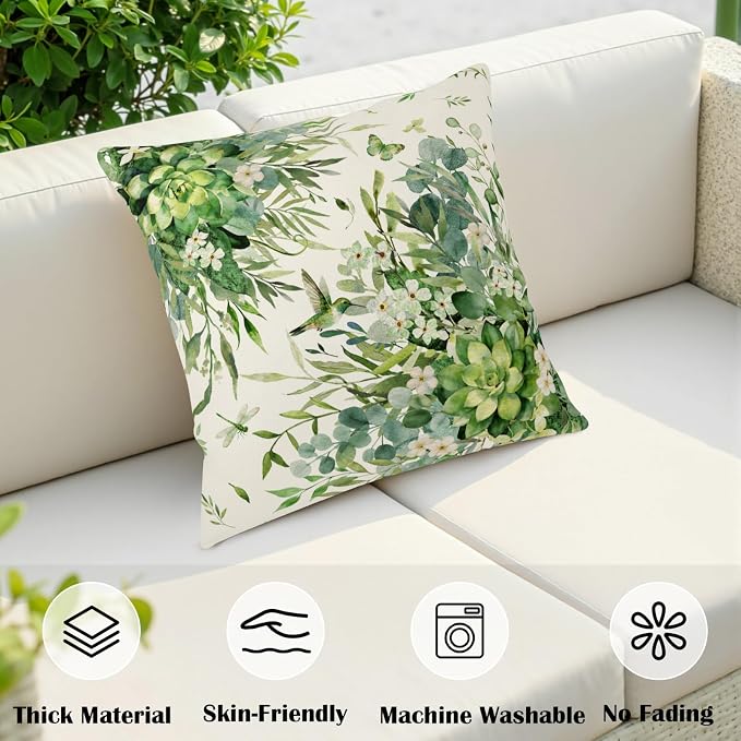 Eucalyptus Throw Pillow Covers 20x20 Watercolor Leaf Pillow Cases Greenery Sage Leaf White Floral Pillow Covers Spring Hummingbird Green Cushion Case for Bedroom Living Room 2Pcs