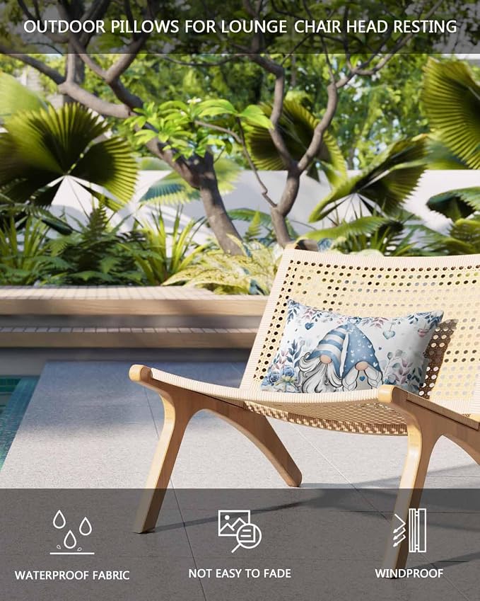 Chaise Lounge Head Resting Pillows,Valentine's Day Romantic Gnome Couple Blue Roses Flower Plant Outdoor Chaise Pillows,Patio Furniture Pillows with Insert and Elastic Strap for Beach Chair