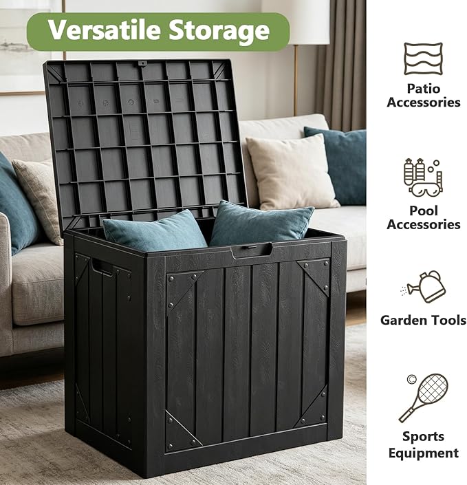 30 Gallon Outdoor Deck Box 4 Pack, Waterproof Resin Patio Storage Boxes with Lockable Lid, Small Outdoor Storage for Cushions, Accessories, Garden Tools, Indoor Outdoor Organizer, Black