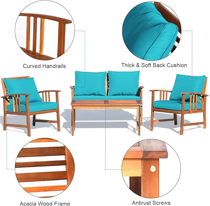 Tangkula 8 Pieces Acacia Wood Patio Furniture, Outdoor Seating Chat Set w/Gray Cushions & Back Pillow, Conversation Set w/Coffee Table for Garden, Backyard, Poolside