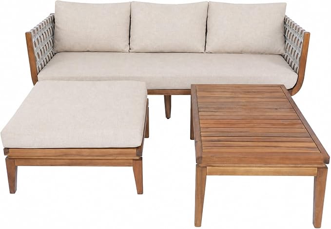 Christopher Knight Home Gwen 3 Piece Acacia Wood Patio Conversation Set with Sofa, Coffee Table and Ottoman, 3-Seater Sofa with Water-Repellent Cushion, Outdoor Patio Furniture Set, Teak+Beige