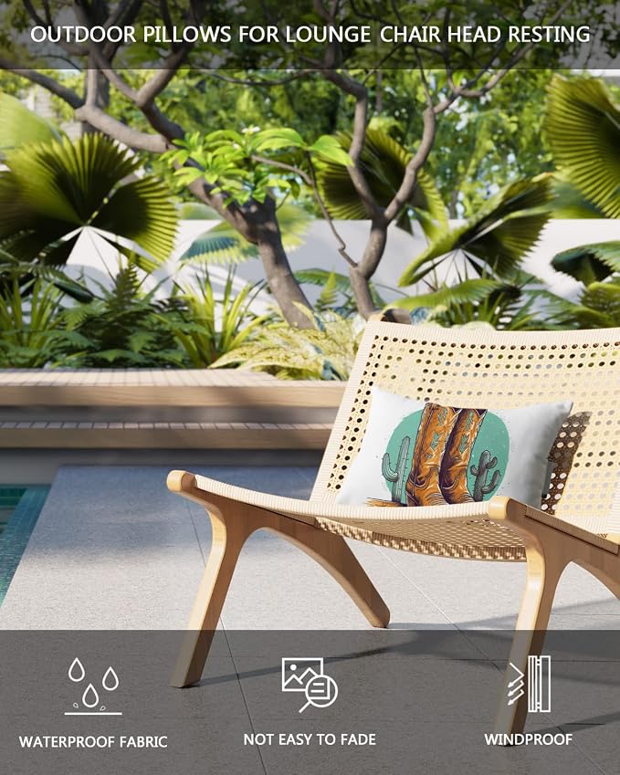 Outdoor Pillows Covers with Inserts Vintage Brown Cowboy Shoes with Cactus Waterproof Recliner Pillow with Adjustable Strap Throw Pillows for Patio Furniture Pool Lounge Chair, 11x16 inch, 1PCS