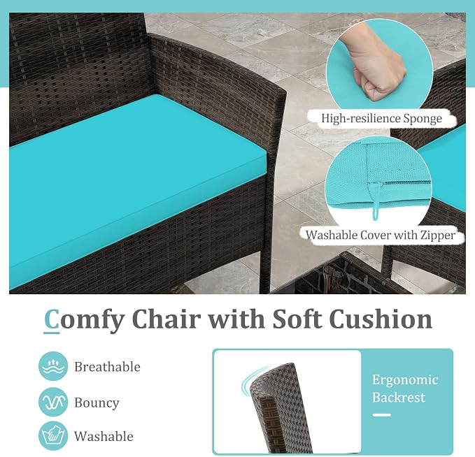 4 Piece Patio Furniture Set, Sectional Conversation Sofa Set with Glass Coffee Table, Cushions & Loveseat, Wicker Outdoor Table and Chairs for Pool, Garden, Deck, Backyard (2, Turquoise)