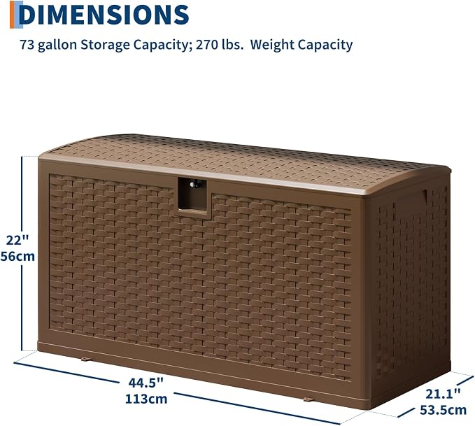 Jojoka Brown Resin Deck Box, Waterproof & Lockable Outdoor Storage Box, Patio Square Container for Package Delivery, Furniture Cushions, Garden Tools and Pool Accessories