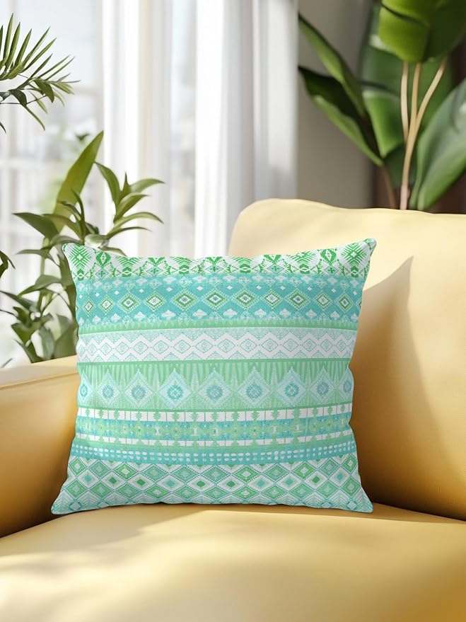 Waterproof Outdoor Pillow 1 Pack Teal Green Bohemian Decorative Throw Pillows Cover & Insert 16x16 Inch Pillowcase Boho Style Floral Leaves Geometric Pillows for Couch Sofa Bed Patio Furniture
