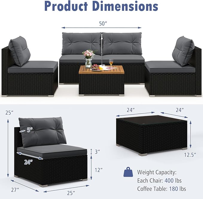 Tangkula 5 Pieces Wicker Patio Furniture Set, Outdoor 4 Armless Rattan Sofa & Coffee Table Set, with Cushions, Acacia Wood Tabletop, Sectional Patio Conversation Set for Lawn, Yard, Poolside, Grey