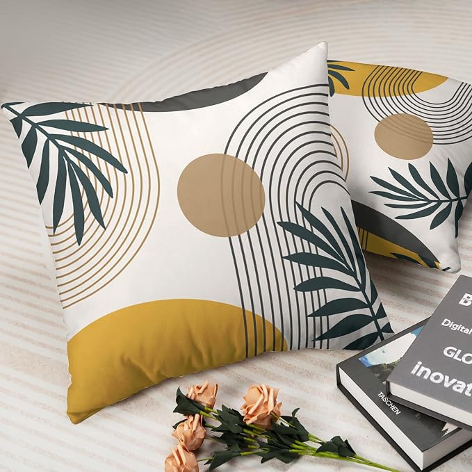 Abstract Boho Pillow Covers 16x16 Set of 2 Mid Century Modern Pillow Covers Green Leaf Design Decorative Throw Pillow Cases Cotton Blend Home Decor for Bed Couch