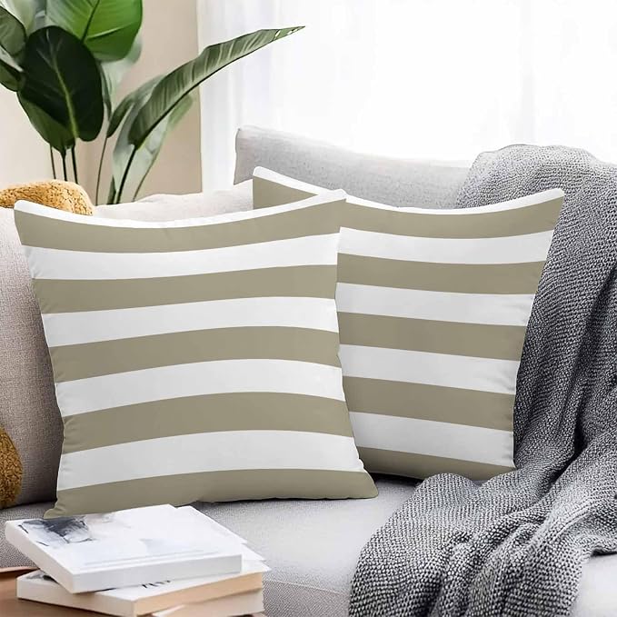 Outdoor Waterproof Throw Pillow Covers Set of 2 Brown White Stripe Pillowcases 26x26 Inches Simple Style Striped Decorative Pillows Cushion Case Patio Pillows for Couch Bed Chair Garden