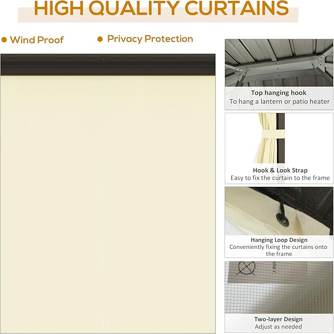 Outsunny 10' x 12' Hardtop Gazebo with Curtains and Netting, Permanent Pavilion Metal Single Roof Gazebo Canopy with Aluminum Frame and Hooks, for Garden, Patio, Backyard, Cream White