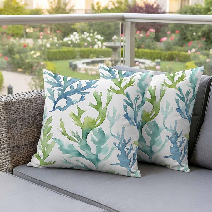 JasmineM Outdoor Pillow Cover 16x16 Inches Set of 2 Blue Teal Coral Waterproof Throw Pillow Covers Watercolor Green Decorative Pillowcases Garden Cushion Case for Patio Couch Sofa