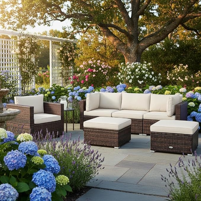 Tangkula 6 Pieces Wicker Patio Furniture Set, PE Rattan Outdoor Sectional Conversation Set with Glass Coffee Table & Ottoman, Wicker Sofa Set with Cushions for Yard Garden, Deck, Porch (White)