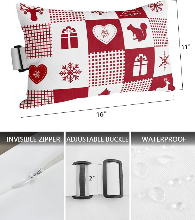 Outdoor Pillows Covers with Inserts Christmas Elk Snowflakes Red Buffalo Plaid Waterproof Recliner Pillow with Adjustable Strap Throw Pillows for Patio Furniture Pool Lounge Chair, 11x16 inch, 1PCS