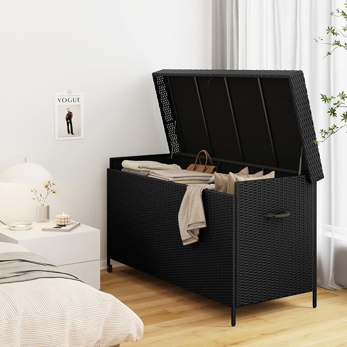 Grand patio SORIA 170-Gallon Deck Storage Box for Indoor and Outdoor Storage Wicker Storage Furniture for Patio Cushions, Garden Tools, Pool Accessories - Black