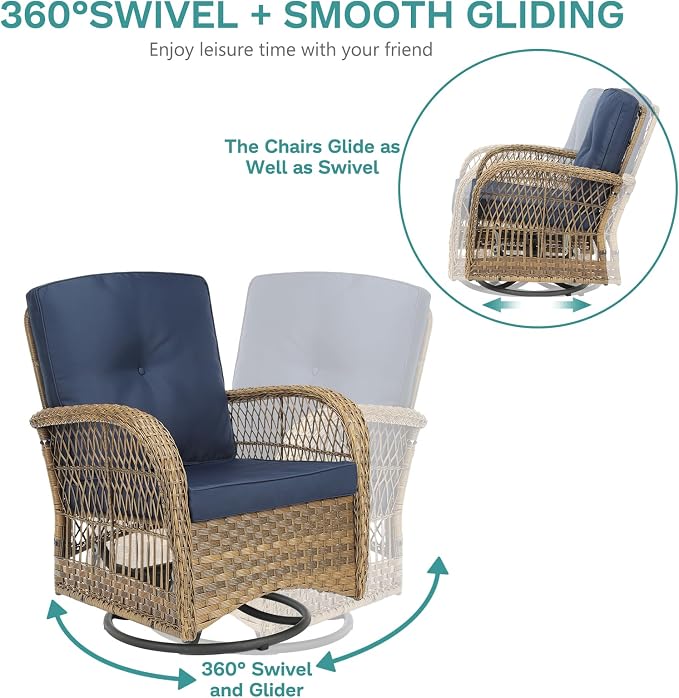 MEETWARM 7 Pieces Outdoor Patio Rattan Furniture Sets, All Weather Patio Wicker Conversation Set- 2 Rocking Glider, 2 Swivel Chairs, 1 Loveseat Glider w/Cushions, 2 Glass-Top Coffee Table, Navy Blue