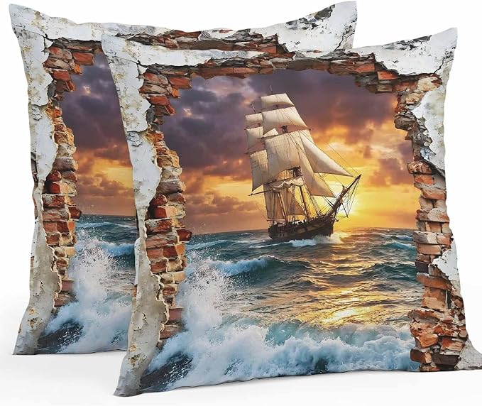 Coastal Nautical Outdoor Pillow Covers 18x18 Inch Throw Pillow Covers Set of 2 Waterproof Decorative Pillow Cases Summer Beach Vintage Ship Sail Cushion Covers for Patio Furniture Garden Couch Sofa