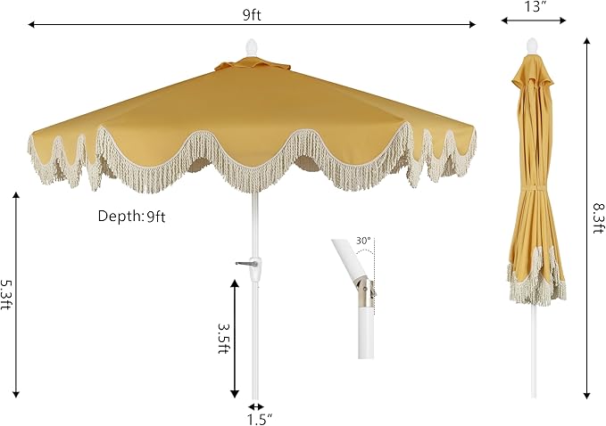 JONATHAN Y UMB1001 Collins 9 ft. Classic Cottage Tassel Market Patio Umbrella with Auto-Tilt, Crank, Wind Vent and UV Protection
