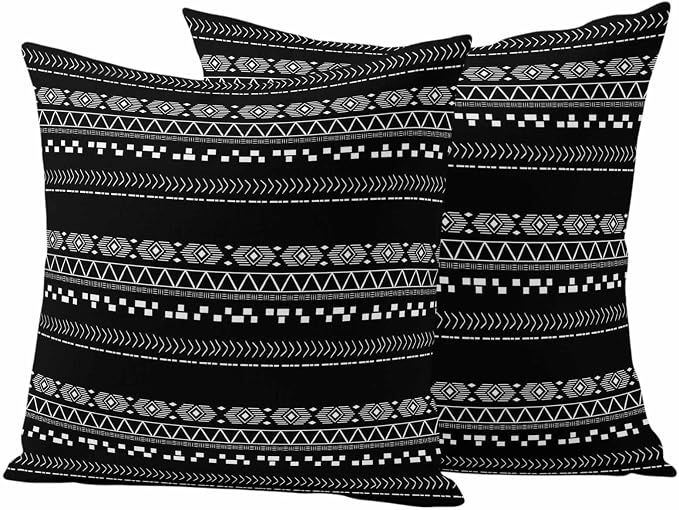 Outdoor Pillow Covers Set of 2, Lines Stripe Diamond Triangle on Black Decorative Throw Pillow Covers 16X16IN, Ethnic Tribal Pattern Throw Pillows Protector Cushion Case for Patio,Couch,Sofa,Garden