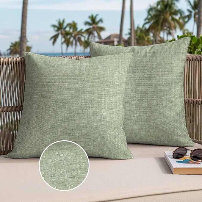 Pack of 2 Waterproof Outdoor Pillow Covers 16x16 Inch Decorative Pillow Covers Sage Green Burlap Texture Throw Pillowcases Farmhouse Vintage Sage Green Outdoor Cushion Cover for Couch, Patio, Tent