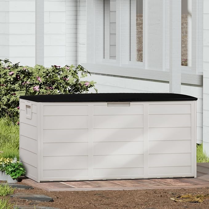 Vasitelan 75 Gallon Outdoor Storage Box, Lockable Plastic Storage Containers with Lid, Patio Deck Box Furniture for Garden, Pool, Balcony, Yard (White&Black)