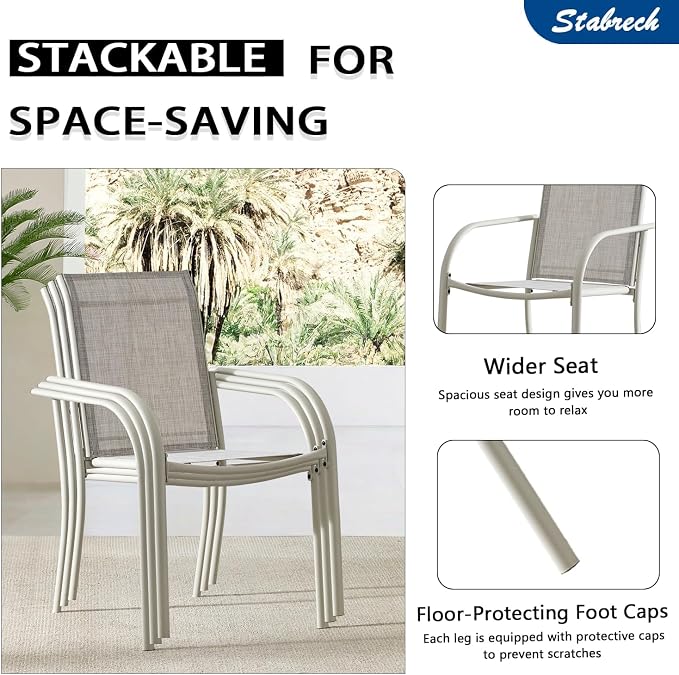 5 Pieces Patio Dining Set for 4, Grey Patio Stackable Chairs and Honey Oak Round Table Set of 4, Outdoor Furniture Set with Sling Support for Outside, Garden