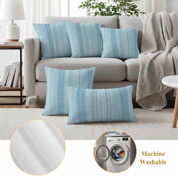 Abstract Blue Outdoor Pillow Covers 24"x24" Set of 2, Rustic Farmhouse Minimalist Blue Vertical Striped Lines Waterproof Throw Pillow Covers for Patio Furniture, Decorative Cushion Covers for Porch