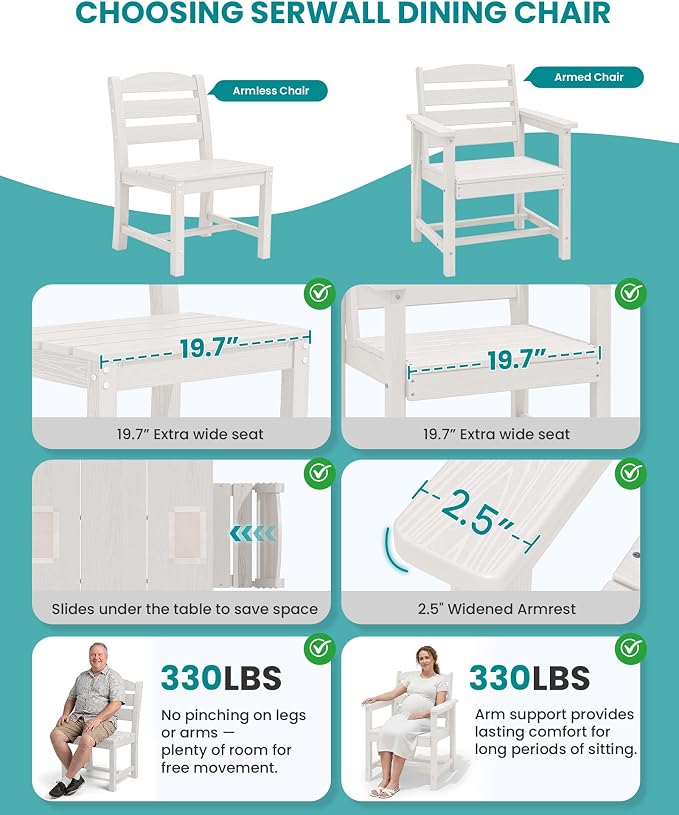 SERWALL 59" Patio Dining Set for 8, HDPE Dining Set, White | Include 2 Rectangular Tables and 8 armless Chairs, All Weather Dining Sets for Garden, Backyard