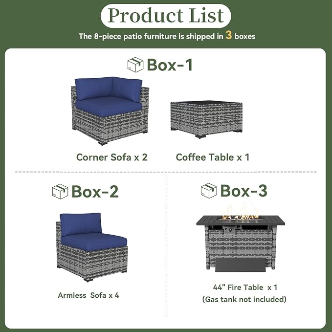 Aoxun 8 Piece Patio Furniture Set with 44” Fire Pit Table Paito Conversation Set Wicker Rattan Outdoor Sectional Sofa Set with Thickened Cushions (Grey/Blue)