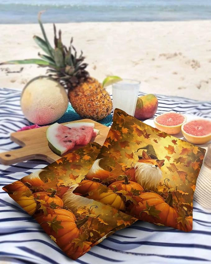 Outdoor Waterproof Throw Pillow Covers 24x24in, Fall Thanksgiving Cute Fox Cushions for Garden Patio Furniture Chairs Set of 2, Pumpkins Maple Leaves Home Decor Couch Sofa Polyester Pillow Cases