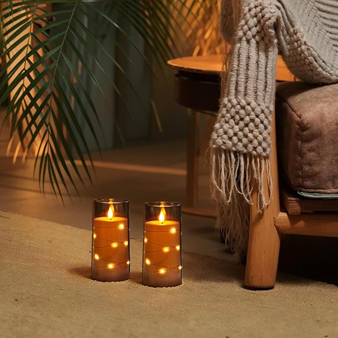 Homemory Flameless Candles with Embedded Star String Fairy Lights, Battery Operated Candles, LED Candle, Fake Candles with Remote Control and Timer, Grey, Set of 2(H 6" 6")