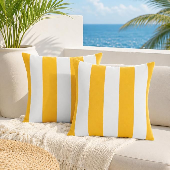 2pcs Outdoor Decor Pillows, Insert and Cover, Waterproof & Fade-Resistant Patio Couch Cushions for Garden, Porch, Poolside Sofa (Yellow White, 18x18in)
