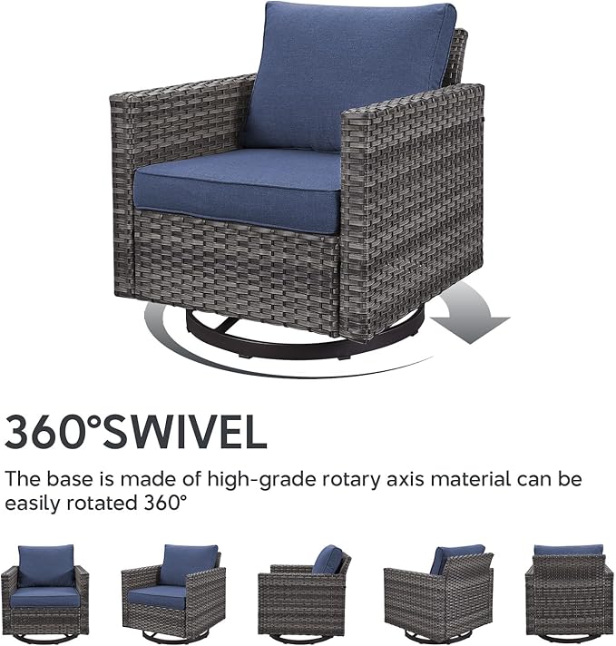6 Piece Wicker Patio Furniture Set - Outdoor Swivel Rocker Chairs Set with Coffee Table, 3 Seat Sofa & Ottomans, Small Patio Conversation Sets Proch Furniture for Balcony Deck - Grey/Blue