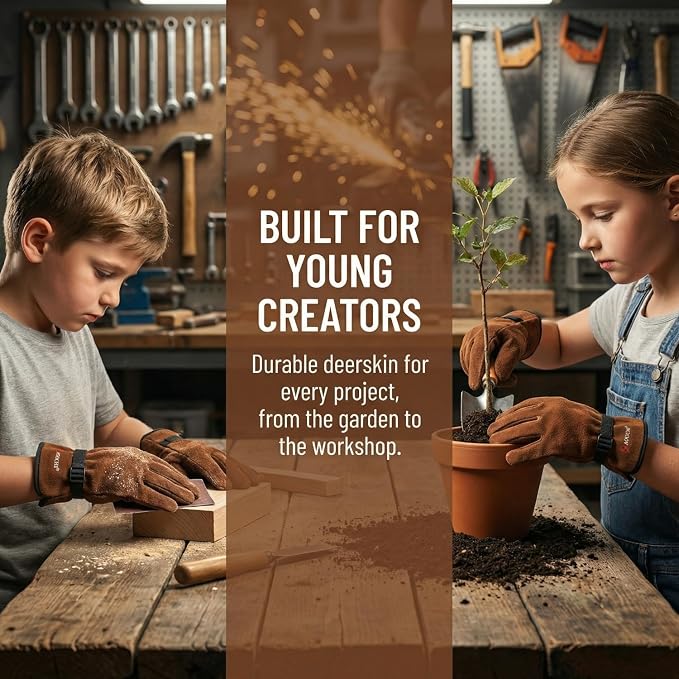 Kids Leather Work Gloves Age 2-15, Extra Soft Deerskin Suede (Brown, 4-6Y) | Flexible Breathable Lightweight Toddler Genuine Leather Gloves for Outdoor Activities, DIY, Planting, Hiking, Painting