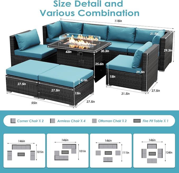 BULEXYARD 9 Pcs Highback Patio Furniture Set with Firepit, High-End Outdoor Sectional Couch with Ottoman 8-Seats, Cozy Comfy Wide Deep Deck Seating Group Conversation, Grey Rattan & Turquoise Cushion