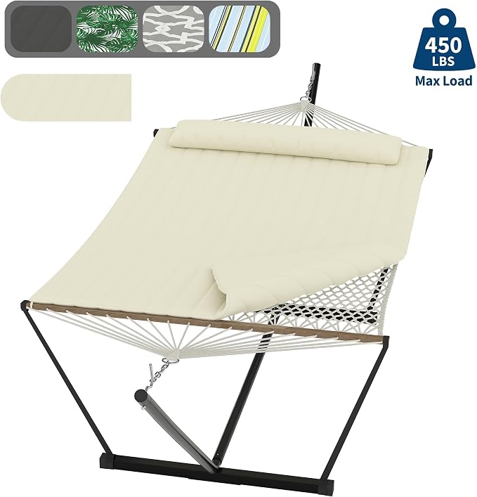 Heavy Duty Double Hammock with Stand & Soft Pillow, 450 LBS Capacity - Padded Portable Hammock for Indoor Outdoor Patio Backyard Garden