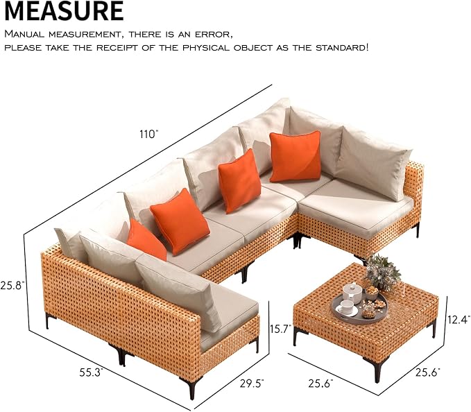 7 Piece Outdoor Patio Furniture Set Modular Outdoor Furniture Set Wicker Outdoor Sectional Sofa with Cushions and Tea Table Patio Set for Balcony Porch Deck Yard (Salmon&Orange Wicker, Sand Cushion)